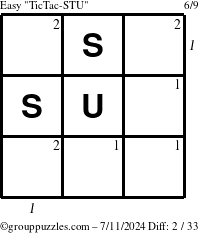 The grouppuzzles.com Easy TicTac-STU puzzle for Thursday July 11, 2024 with all 2 steps marked