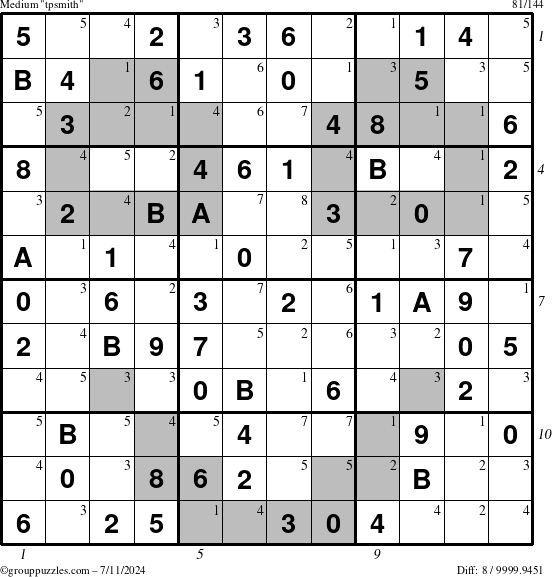 The grouppuzzles.com Medium tpsmith puzzle for Thursday July 11, 2024 with all 8 steps marked