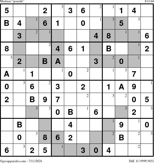 The grouppuzzles.com Medium tpsmith puzzle for Thursday July 11, 2024 with the first 3 steps marked