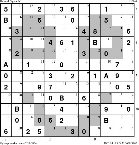 The grouppuzzles.com Difficult tpsmith puzzle for Thursday July 11, 2024 with all 14 steps marked