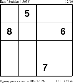 The grouppuzzles.com Easy Sudoku-4-5678 puzzle for Monday October 26, 2026