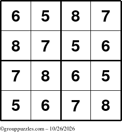 The grouppuzzles.com Answer grid for the Sudoku-4-5678 puzzle for Monday October 26, 2026