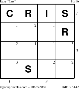 The grouppuzzles.com Easy Cris puzzle for Monday October 26, 2026, suitable for printing, with all 3 steps marked