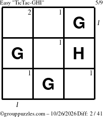 The grouppuzzles.com Easy TicTac-GHI puzzle for Monday October 26, 2026 with all 2 steps marked
