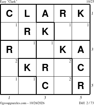 The grouppuzzles.com Easy Clark puzzle for Monday October 26, 2026 with all 2 steps marked