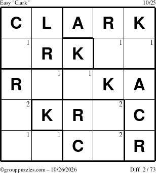 The grouppuzzles.com Easy Clark puzzle for Monday October 26, 2026 with the first 2 steps marked