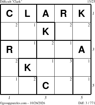 The grouppuzzles.com Difficult Clark puzzle for Monday October 26, 2026, suitable for printing, with all 3 steps marked