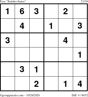 The grouppuzzles.com Easy Sudoku-Junior puzzle for Monday October 26, 2026