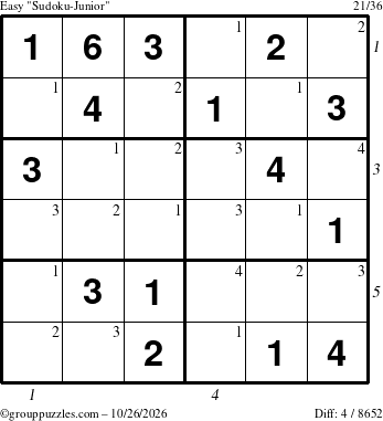 The grouppuzzles.com Easy Sudoku-Junior puzzle for Monday October 26, 2026, suitable for printing, with all 4 steps marked