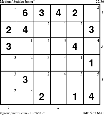 The grouppuzzles.com Medium Sudoku-Junior puzzle for Monday October 26, 2026 with all 5 steps marked