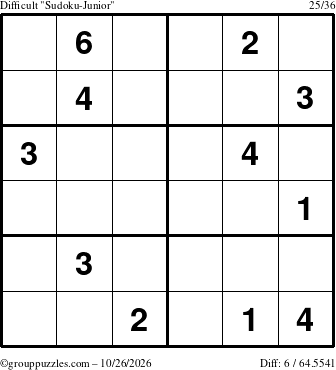 The grouppuzzles.com Difficult Sudoku-Junior puzzle for Monday October 26, 2026