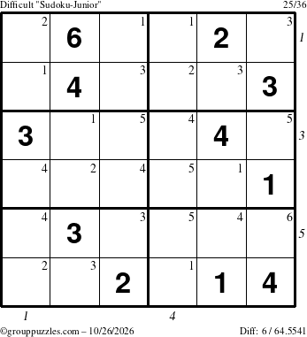 The grouppuzzles.com Difficult Sudoku-Junior puzzle for Monday October 26, 2026 with all 6 steps marked