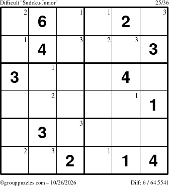 The grouppuzzles.com Difficult Sudoku-Junior puzzle for Monday October 26, 2026 with the first 3 steps marked