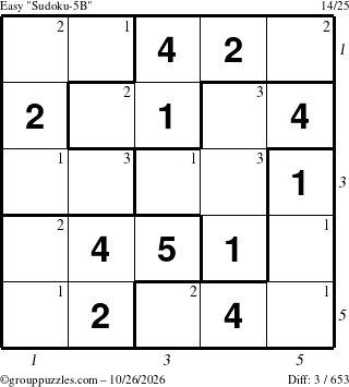 The grouppuzzles.com Easy Sudoku-5B puzzle for Monday October 26, 2026, suitable for printing, with all 3 steps marked