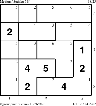 The grouppuzzles.com Medium Sudoku-5B puzzle for Monday October 26, 2026 with all 6 steps marked