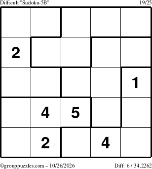 The grouppuzzles.com Difficult Sudoku-5B puzzle for Monday October 26, 2026