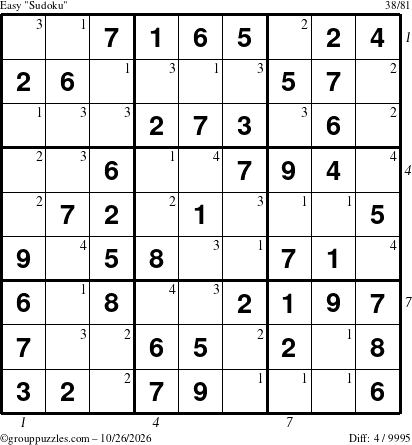 The grouppuzzles.com Easy Sudoku puzzle for Monday October 26, 2026, suitable for printing, with all 4 steps marked
