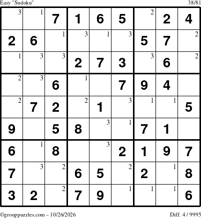 The grouppuzzles.com Easy Sudoku puzzle for Monday October 26, 2026 with the first 3 steps marked