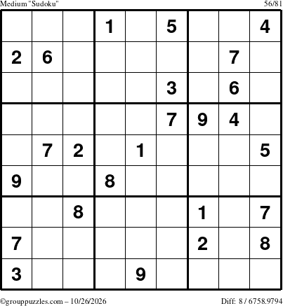 The grouppuzzles.com Medium Sudoku puzzle for Monday October 26, 2026