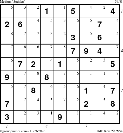 The grouppuzzles.com Medium Sudoku puzzle for Monday October 26, 2026 with all 8 steps marked