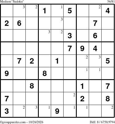 The grouppuzzles.com Medium Sudoku puzzle for Monday October 26, 2026 with the first 3 steps marked