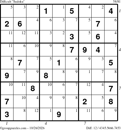 The grouppuzzles.com Difficult Sudoku puzzle for Monday October 26, 2026, suitable for printing, with all 12 steps marked