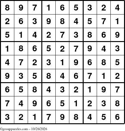 The grouppuzzles.com Answer grid for the Sudoku puzzle for Monday October 26, 2026