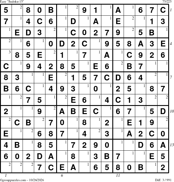 The grouppuzzles.com Easy Sudoku-15 puzzle for Monday October 26, 2026, suitable for printing, with all 3 steps marked