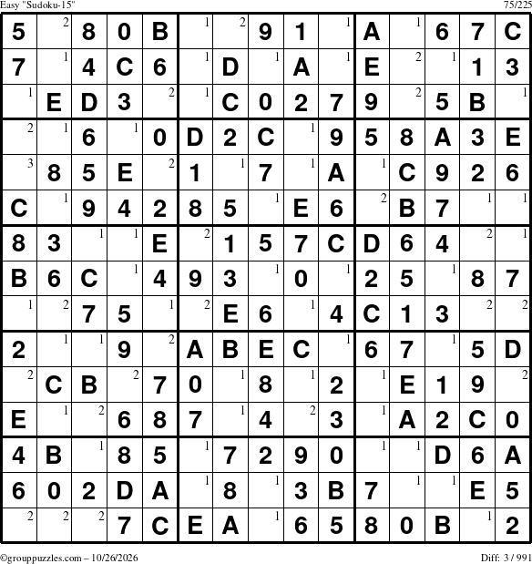 The grouppuzzles.com Easy Sudoku-15 puzzle for Monday October 26, 2026 with the first 3 steps marked