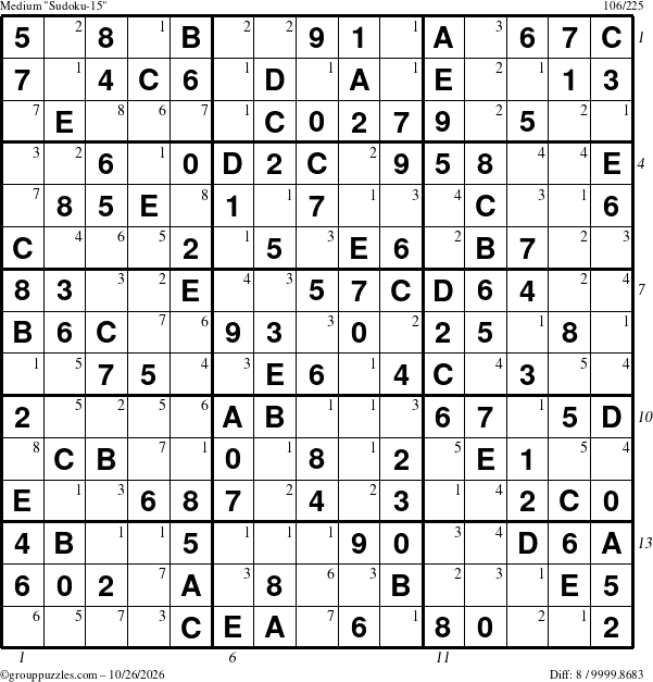 The grouppuzzles.com Medium Sudoku-15 puzzle for Monday October 26, 2026 with all 8 steps marked