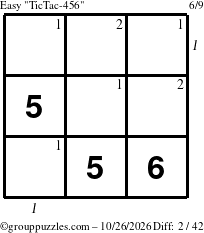 The grouppuzzles.com Easy TicTac-456 puzzle for Monday October 26, 2026, suitable for printing, with all 2 steps marked