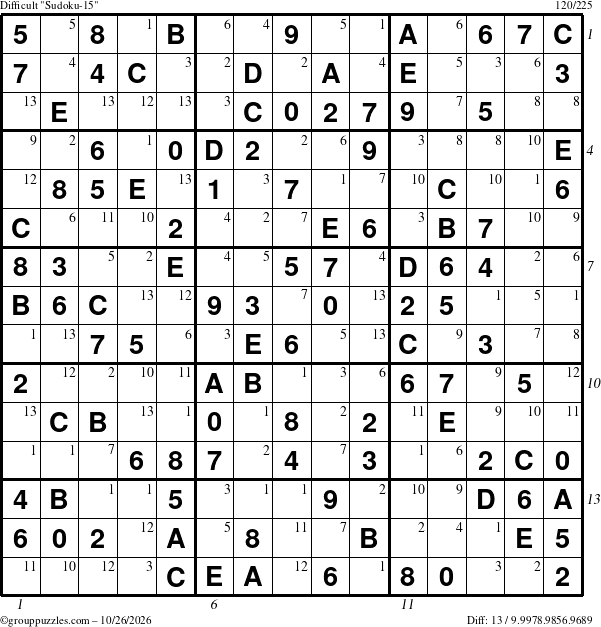 The grouppuzzles.com Difficult Sudoku-15 puzzle for Monday October 26, 2026 with all 13 steps marked