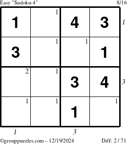 The grouppuzzles.com Easy Sudoku-4 puzzle for Thursday December 19, 2024, suitable for printing, with all 2 steps marked