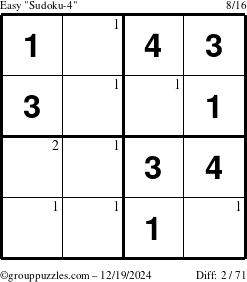 The grouppuzzles.com Easy Sudoku-4 puzzle for Thursday December 19, 2024 with the first 2 steps marked