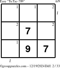 The grouppuzzles.com Easy TicTac-789 puzzle for Thursday December 19, 2024 with all 2 steps marked