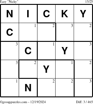 The grouppuzzles.com Easy Nicky puzzle for Thursday December 19, 2024 with the first 3 steps marked