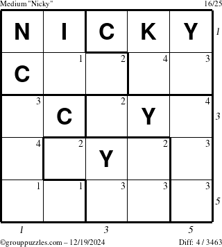 The grouppuzzles.com Medium Nicky puzzle for Thursday December 19, 2024 with all 4 steps marked