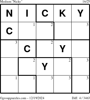 The grouppuzzles.com Medium Nicky puzzle for Thursday December 19, 2024 with the first 3 steps marked