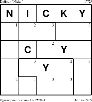 The grouppuzzles.com Difficult Nicky puzzle for Thursday December 19, 2024 with the first 3 steps marked