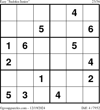 The grouppuzzles.com Easy Sudoku-Junior puzzle for Thursday December 19, 2024