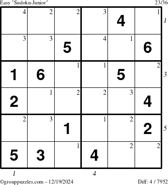 The grouppuzzles.com Easy Sudoku-Junior puzzle for Thursday December 19, 2024, suitable for printing, with all 4 steps marked