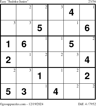 The grouppuzzles.com Easy Sudoku-Junior puzzle for Thursday December 19, 2024 with the first 3 steps marked