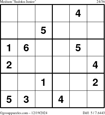 The grouppuzzles.com Medium Sudoku-Junior puzzle for Thursday December 19, 2024