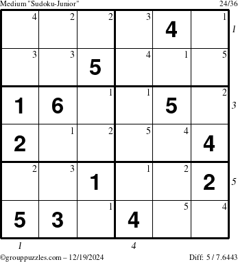 The grouppuzzles.com Medium Sudoku-Junior puzzle for Thursday December 19, 2024 with all 5 steps marked