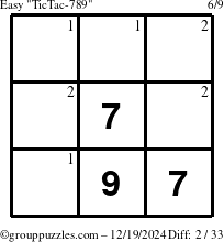 The grouppuzzles.com Easy TicTac-789 puzzle for Thursday December 19, 2024 with the first 2 steps marked