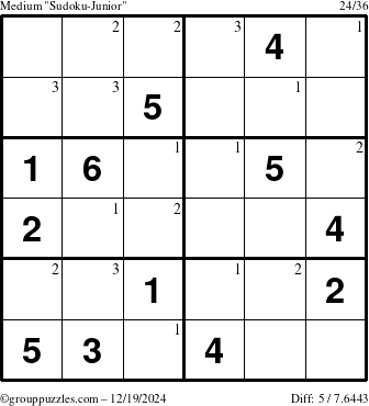 The grouppuzzles.com Medium Sudoku-Junior puzzle for Thursday December 19, 2024 with the first 3 steps marked