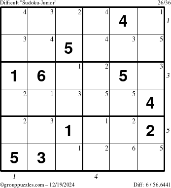 The grouppuzzles.com Difficult Sudoku-Junior puzzle for Thursday December 19, 2024 with all 6 steps marked