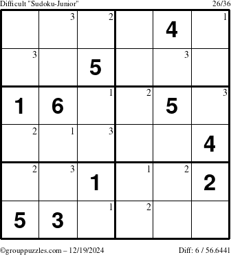 The grouppuzzles.com Difficult Sudoku-Junior puzzle for Thursday December 19, 2024 with the first 3 steps marked