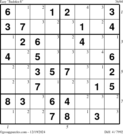 The grouppuzzles.com Easy Sudoku-8 puzzle for Thursday December 19, 2024 with all 4 steps marked