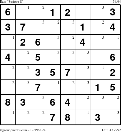 The grouppuzzles.com Easy Sudoku-8 puzzle for Thursday December 19, 2024 with the first 3 steps marked